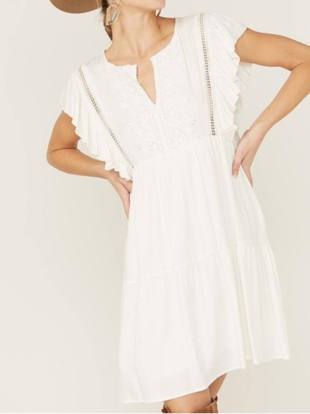 Molly Bracken mini white flare dress with lace yoke size small